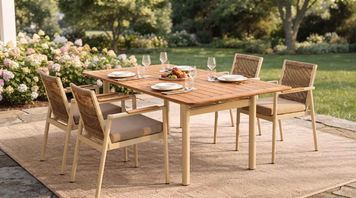 Set da giardino moderno: tavolo da pranzo, 6 sedie, colore beige, struttura in legno e rivestimento in fibra sintetica, ideale per terrazza
