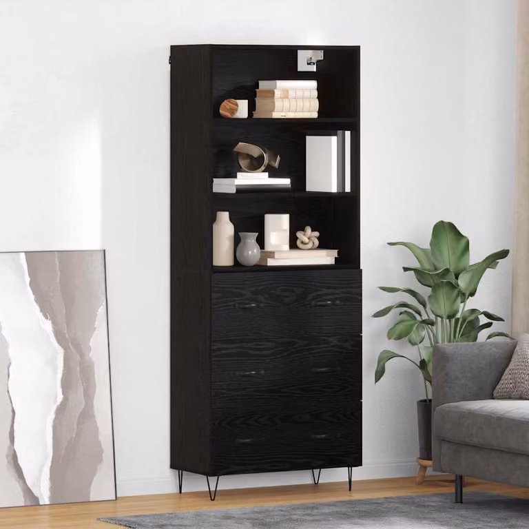 Set di 2 credenze moderne vidaXL in rovere nero con finitura opaca L: 69,5 cm, P: 34 cm, H: 180 cm