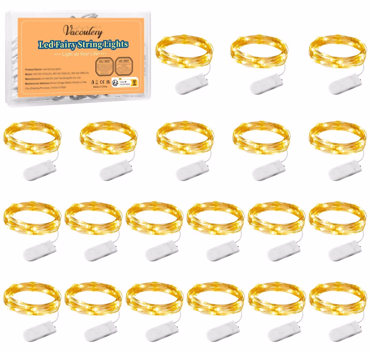 Catena luminosa a LED, 20 elementi, 1 metro, filo di rame, 10 LED, luce bianco caldo