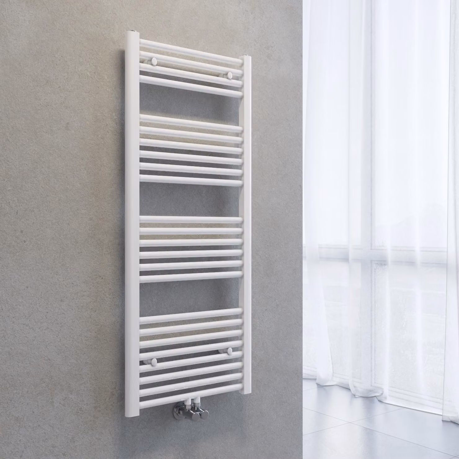 Radiatore asciuga-asciugamani SONNI, dimensioni 1200 x 500 mm, colore bianco, sistema di riscaldamento ad acqua calda, senza resistenza elettrica