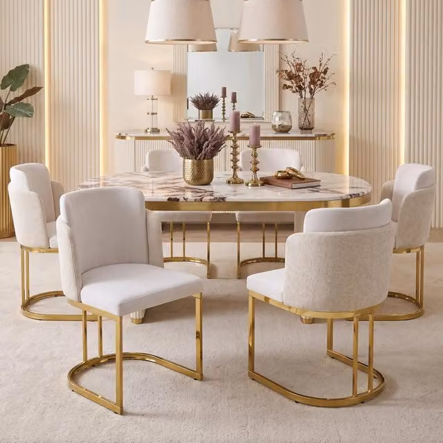 Sedie da sala da pranzo set di 4 con doppio schienale e gambe metalliche galvanizzate in chenille beige e oro