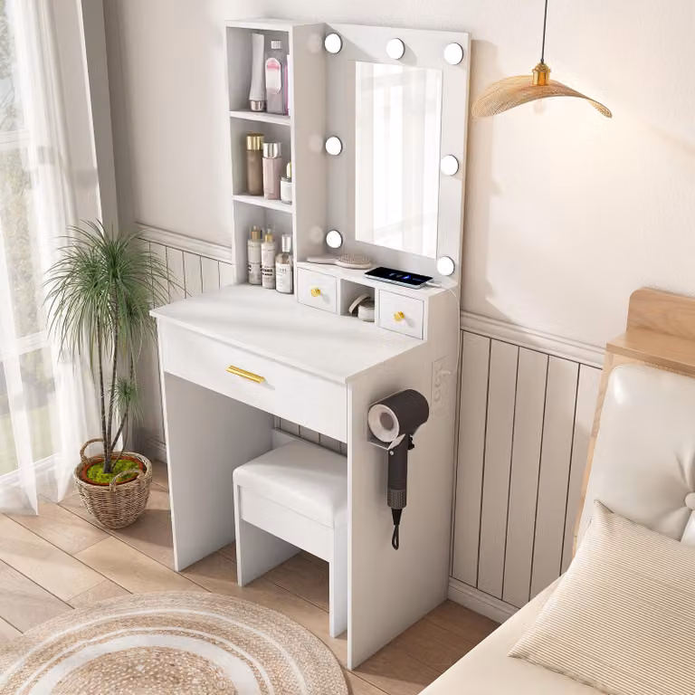 MODFU: Comodino da trucco con illuminazione LED, specchio, presa di corrente e supporto per asciugacapelli, tavolino cosmetico compatto, comodino con cassetti, specchio, bianco