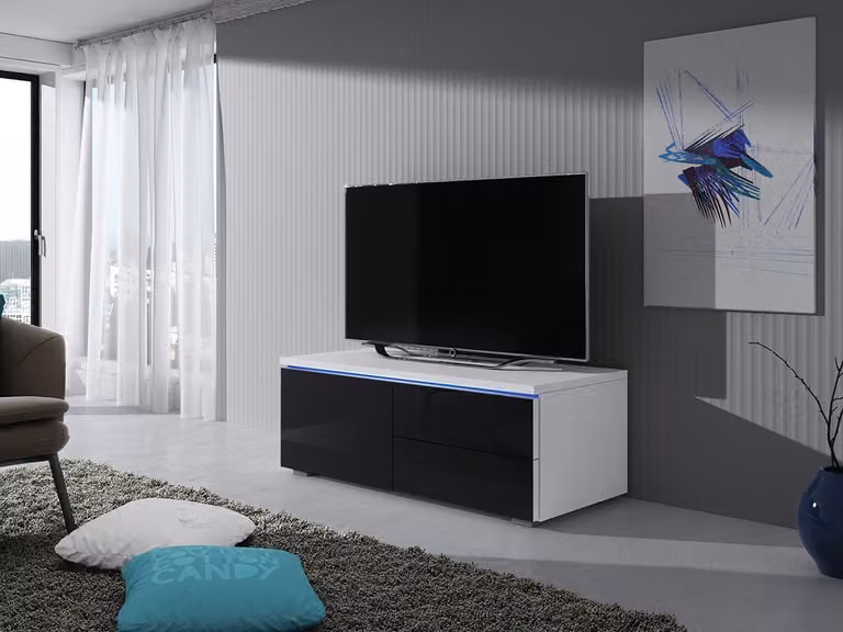 Tavolino per TV con illuminazione a LED FERNS 11 - bianco / nero lucido, sinistro