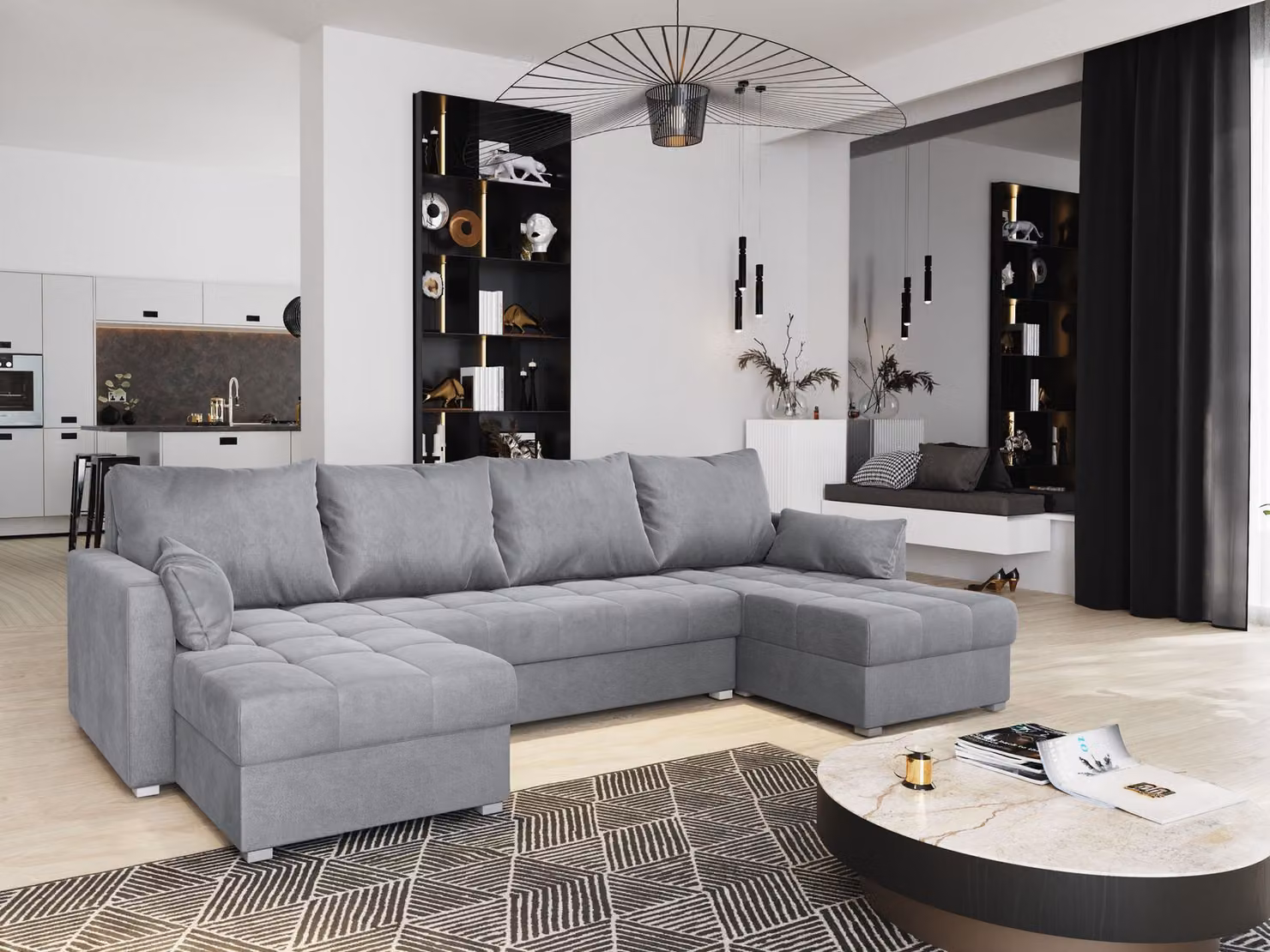 Divano angolare NAKO M di Masseno con funzione letto a U, divano con box letto, divano da soggiorno, divano, divano letto, set di divani - grigio chiaro, MONOLITH 84