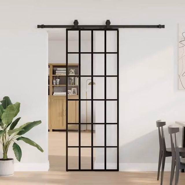 Porta Scorrevole Moderna vidaXL in Vetro Trasparente con Telaio in Alluminio e Ferramenta Nera L: 76 cm, H: 205 cm