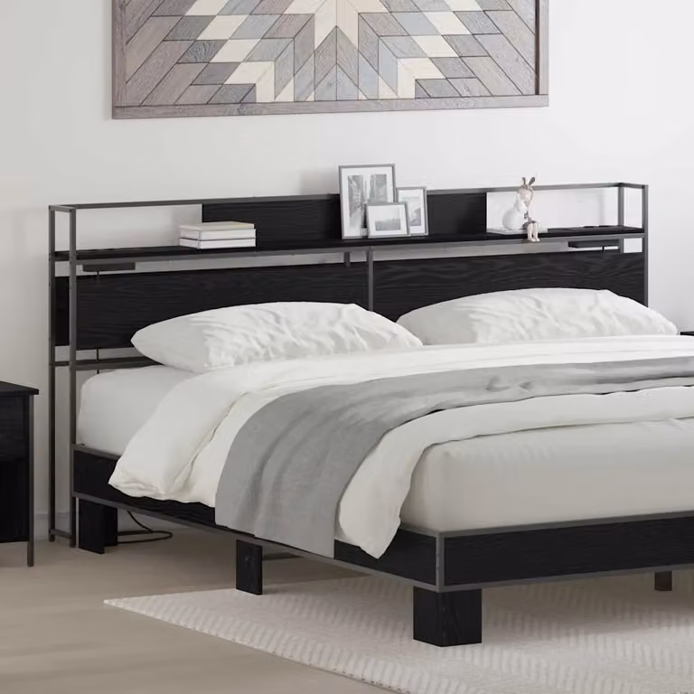 Testata letto con contenitore vidaXL in legno e metallo nero con ripiano integrato e porta USB, L: 200 cm, H: 98 cm, P: 15 cm