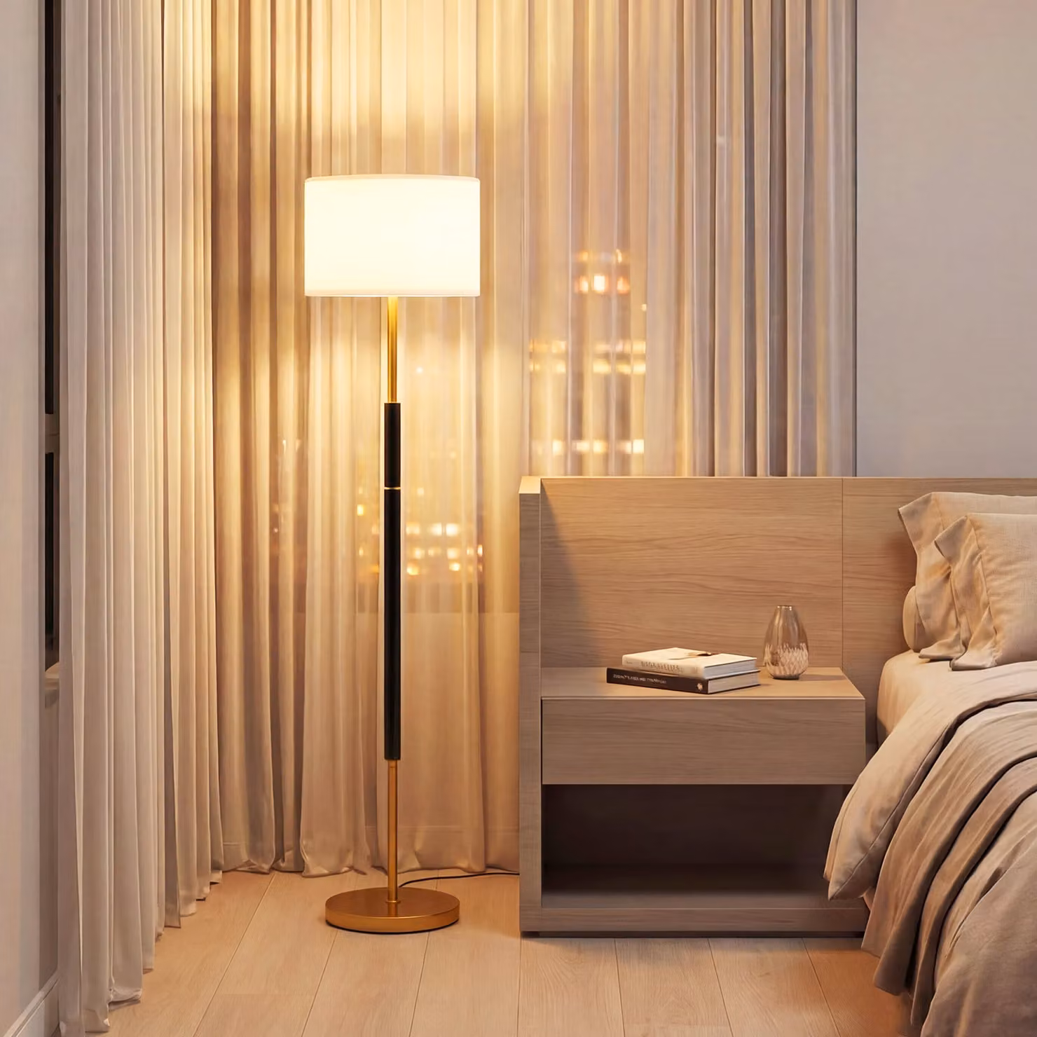 Costway Lampada da terra moderna con paralume in tessuto di lino e interruttore a pedale, disponibile in nero, bianco o oro/ottone