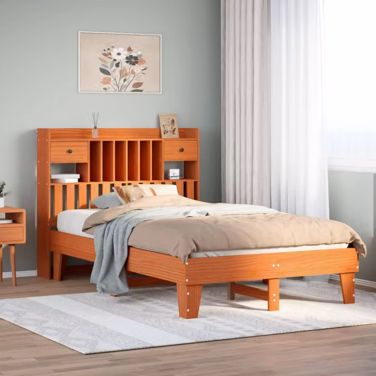 Letto in legno di pino rustico vidaXL, colore marrone cera, con doghe piatte fisse, senza materasso, L/P/H: 190 x 135 x 110 cm