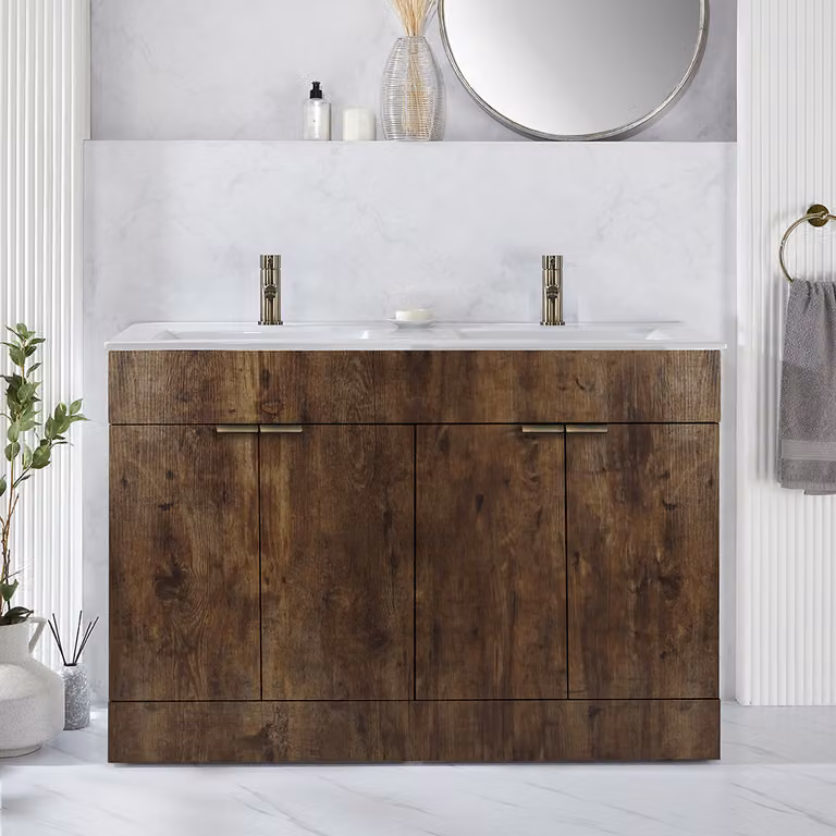 Mobile Bagno a Terra Rovere Scuro da 1210mm con Doppio Lavabo e Maniglie con Impugnatura a Dito in Ottone Spazzolato - Cluo
