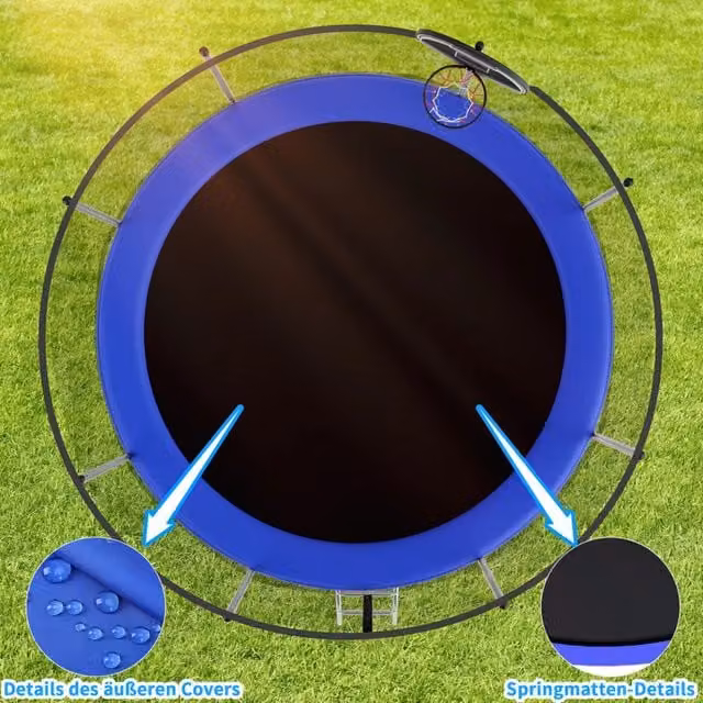 Trampolino da esterno 305 cm con rete di sicurezza, 72 molle rinforzate e telaio zincato, blu, 150 kg