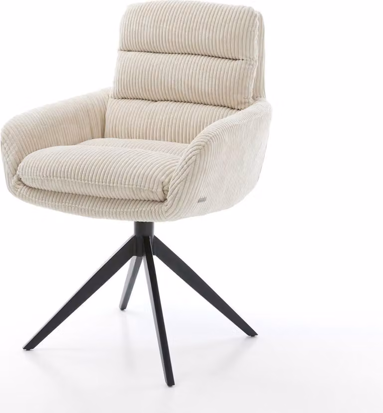 Sedia girevole DELIFE Abelia-Flex con braccioli in velluto a coste beige, base a croce larga nera, girevole a 360°, funzione oscillante