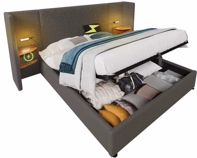 Letto contenitore matrimoniale 160×200 cm con testiera, lampada da lettura, USB e Type-C, materasso incluso, grigio
