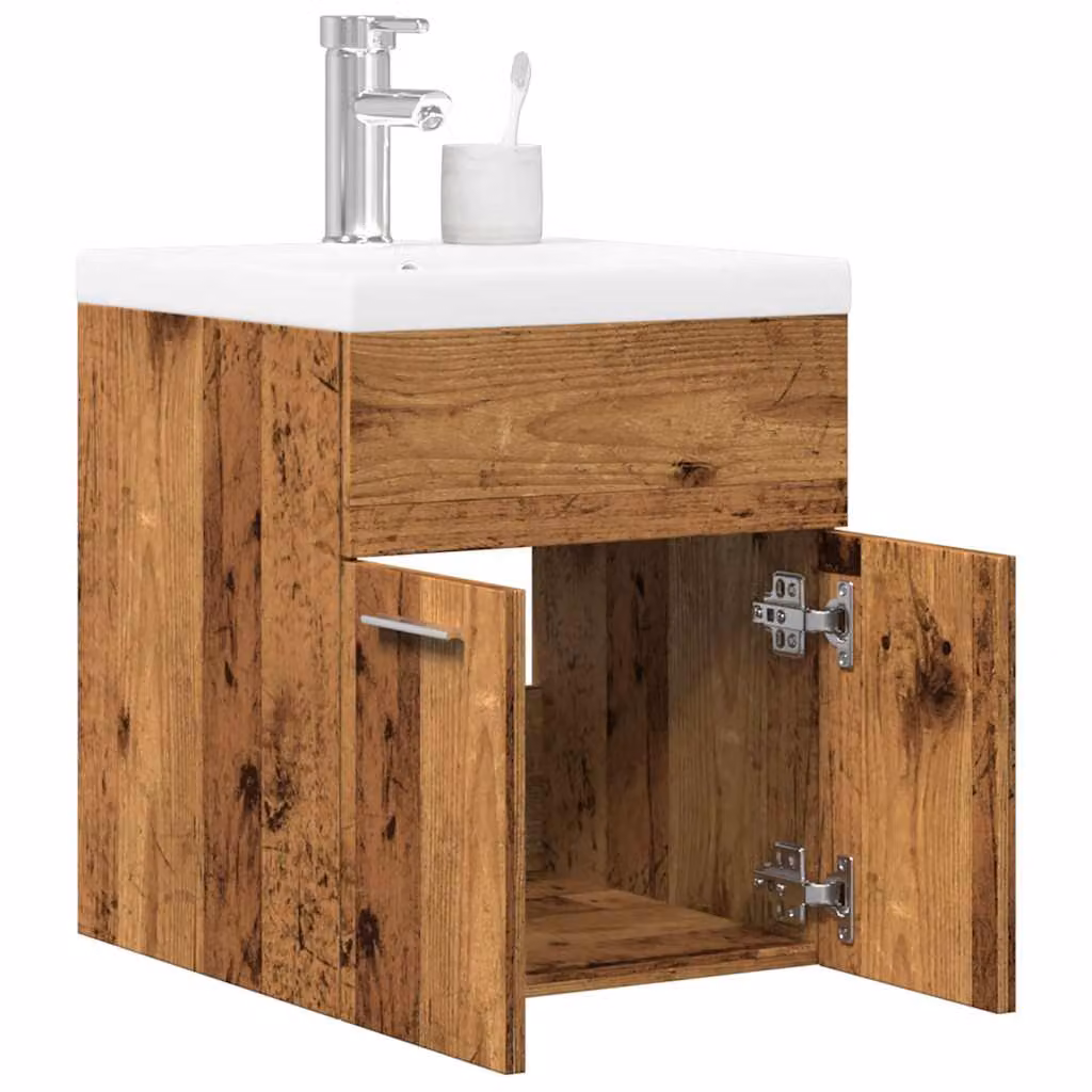 Set Mobili da Bagno vidaXL 2 Pezzi in Legno Antico Marrone e Bianco con Lavabo in Ceramica e Armadietto a Parete