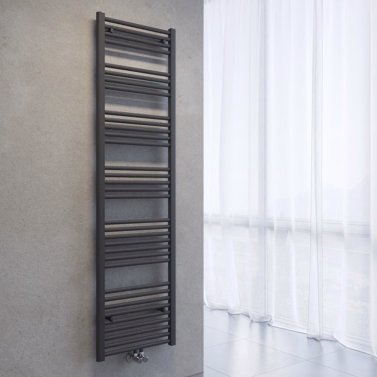 Radiatore asciuga-asciugamani SONNI, dimensioni 1800 x 500 mm, colore grigio antracite, sistema di riscaldamento ad acqua calda, senza resistenza elettrica