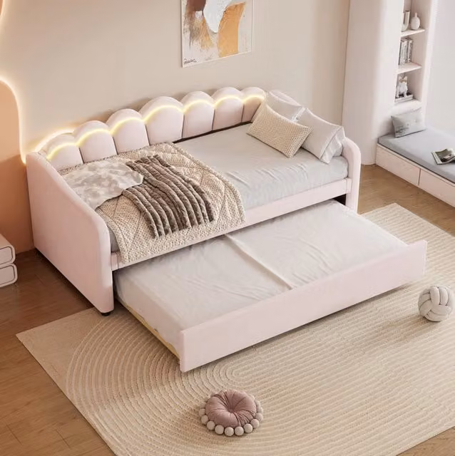 Divano letto 90x200 cm estraibile; LED; velluto; rosa (Senza materasso)