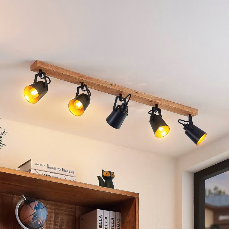Lindby Kimban, faretto da soffitto a 5 luci, 106 cm, legno, metallo Kimban Lindby, dimmerabile, Legno scuro, Soggiorno / Sala da pranzo, Legno, Moderno, Faretto
