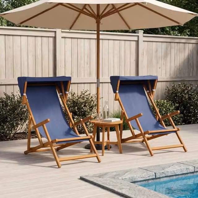 Set di 2 lettini prendisole vidaXL in legno di eucalipto trattato con tendalino parasole e poggiatesta regolabile, colore blu