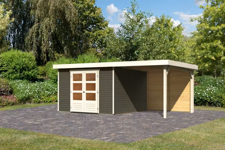 Set di casette da giardino in legno Karibu "Askola 6" con tetto estensibile grigio terra 3 x 3,1 m (L x P) con tetto estensibile di 2,4 m