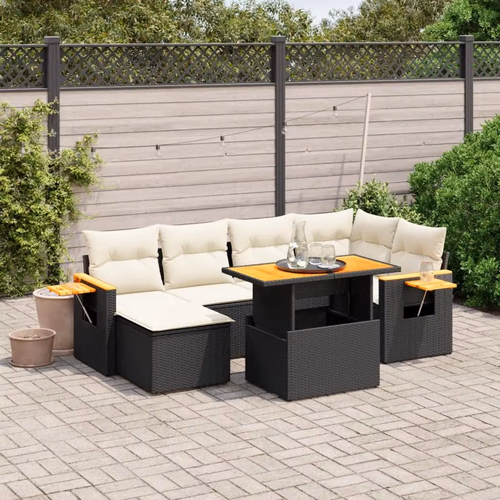 vidaXL Set Divani da Giardino a L con Cuscini 7pz in Polyrattan Nero e Bianco – 1