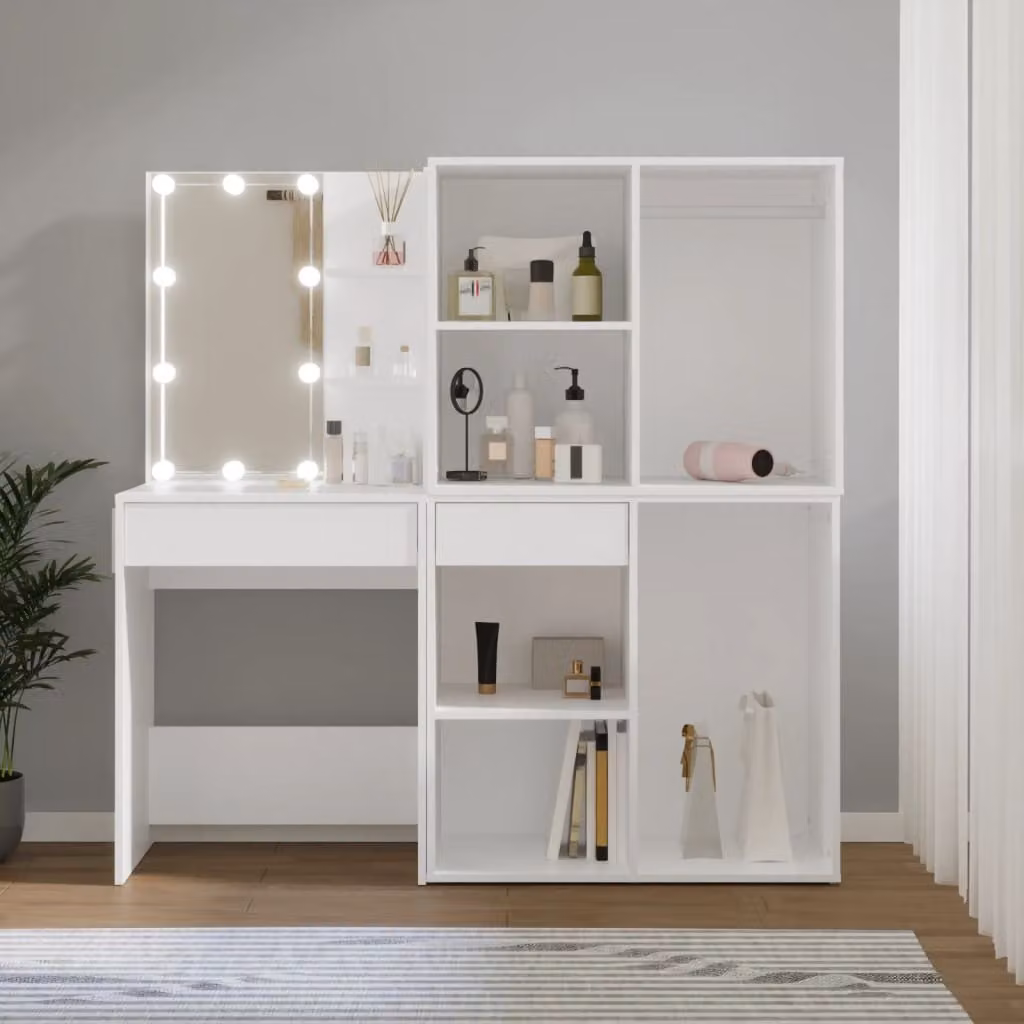 The Living Store Comodino a LED con 2 armadietti in legno bianco