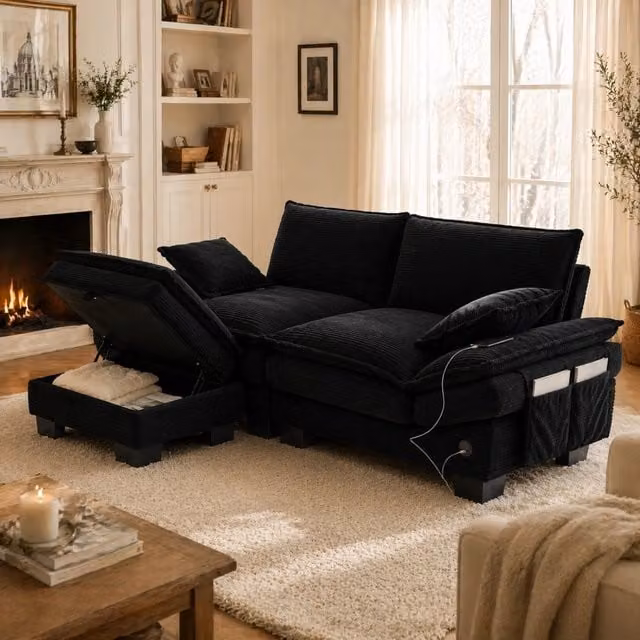 Divano 2 posti 190x132 cm nero in velluto a coste; con pouf contenitore