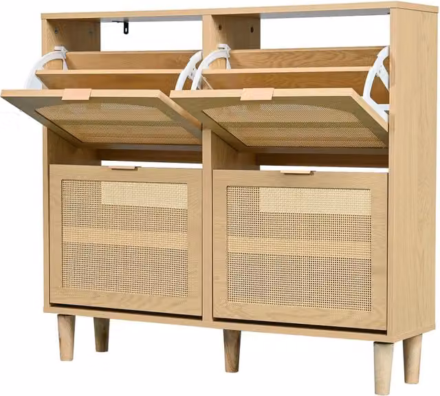 Scarpiera con 4 cassetti ribaltabili in truciolato con finitura effetto quercia e intreccio in rattan, maniglie e gambe in legno, 100x25x90 cm