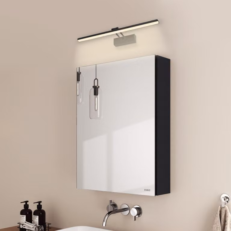 EMKE armadietto a specchio e luci a specchio, 50x65x14,5 cm 2 ripiani in vetro Armadietto a specchio nero per bagno e luci a parete nere Luce neutra 4200k