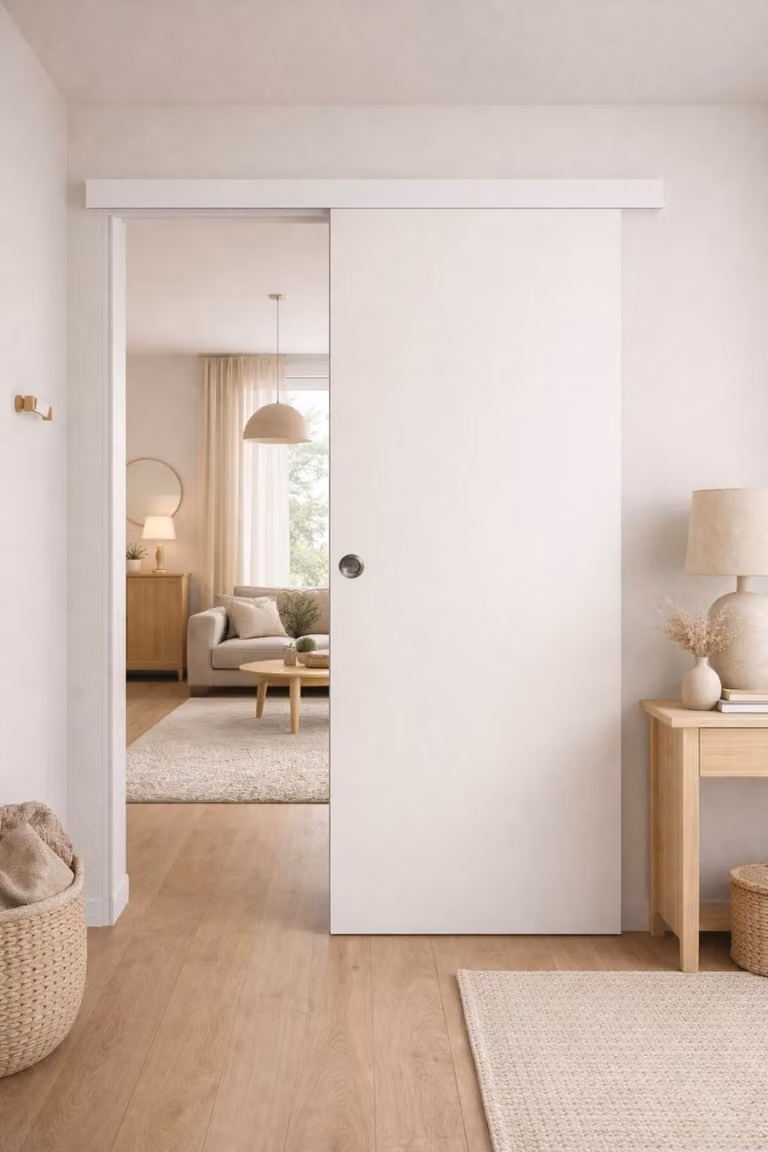 Porta scorrevole Lacdor bianca pura H204 x L83 cm, binario in alluminio con fascia bianca, conchiglie Gd Menuserie
