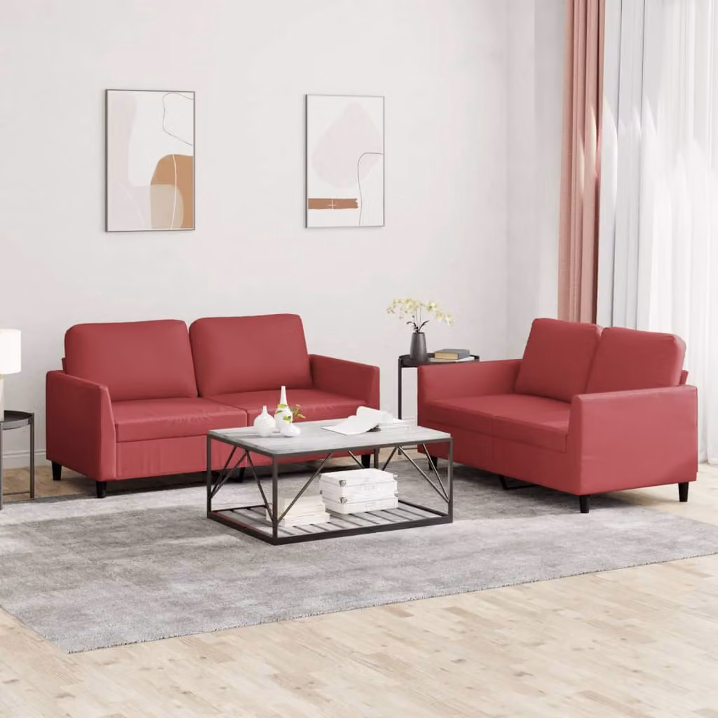 Set di 2 Divani vidaXL in Similpelle Rosso con Cuscini, Design Moderno per Soggiorno – 1