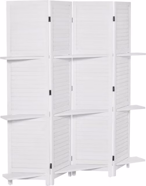 Paravento interno HOMCOM a 4 pannelli con 3 ripiani pieghevoli in legno di Paulownia, colore bianco, L: 160 cm, H: 170 cm