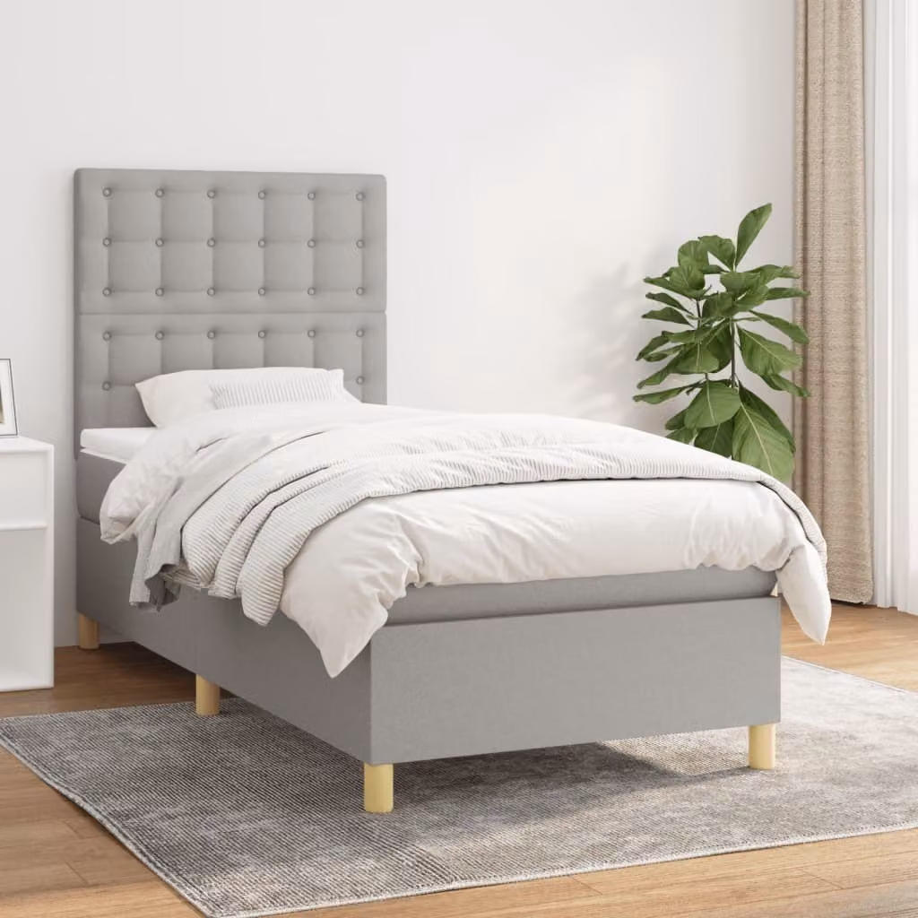 The Living Store Letto a molle con materasso grigio chiaro 100x200 cm in tessuto
