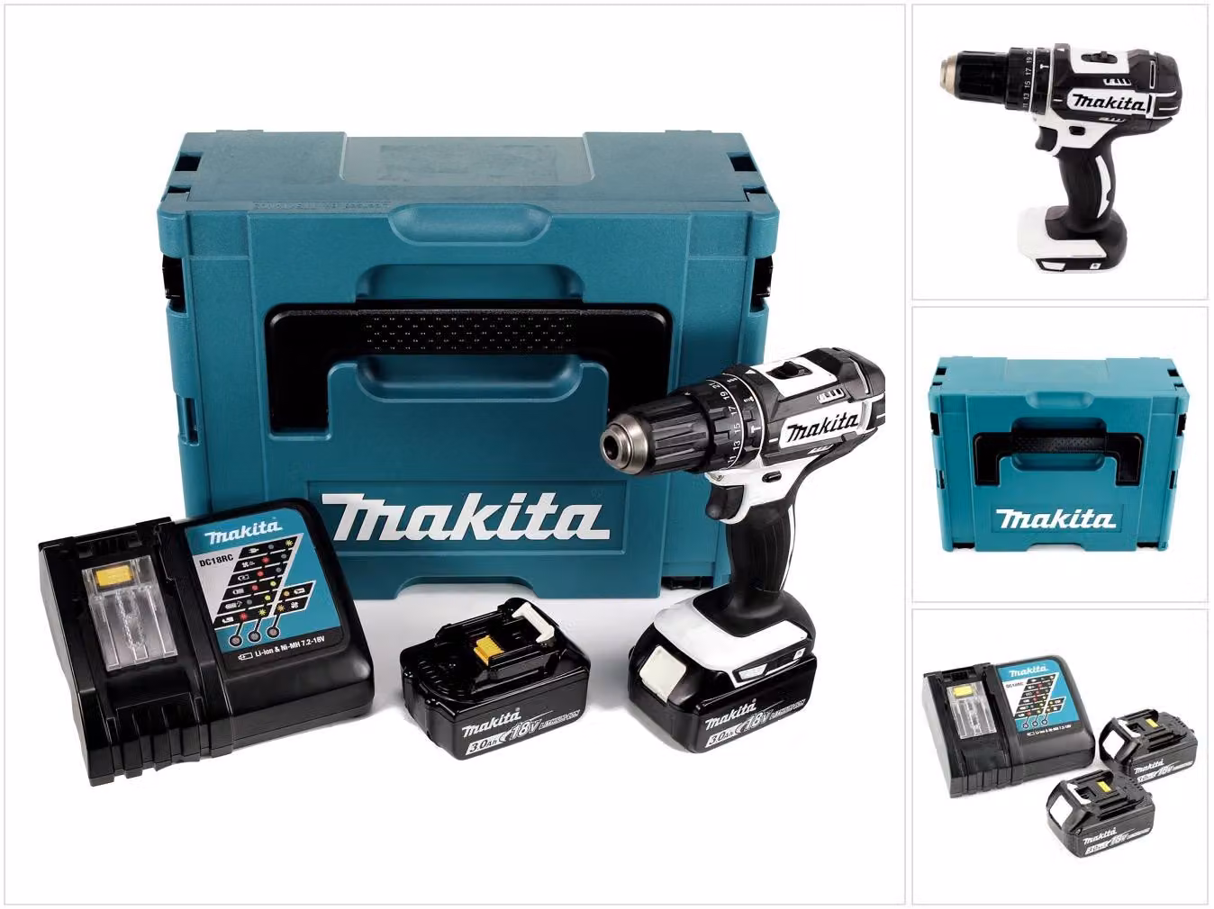 Makita DHP 482 W RFJ - 18 V Trapano avvitatore a percussione a batteria bianco in valigetta Makpac + 2x Batterie 3,0 Ah + Caricatore rapido DC 18 RC