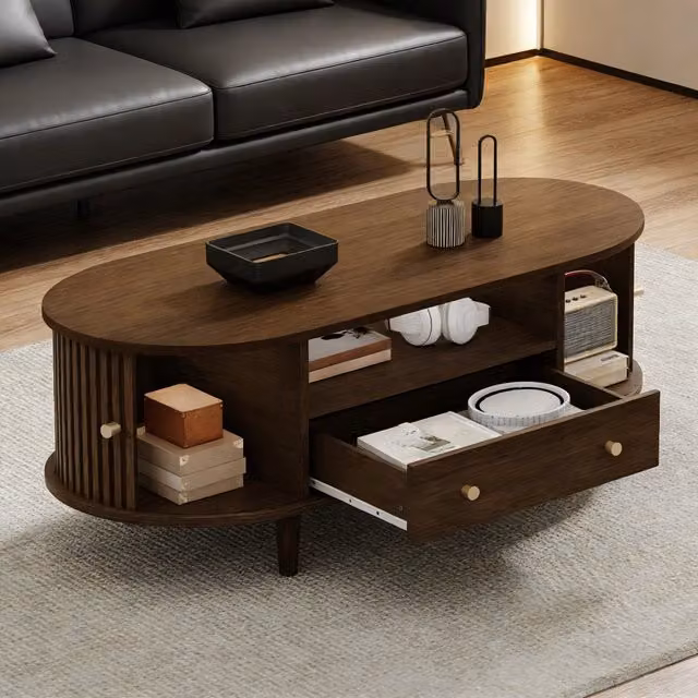 Tavolino basso fisso ovale con cassetto; vani aperti e anta avvolgibile in MDF noce 100 × 50 × 36 cm