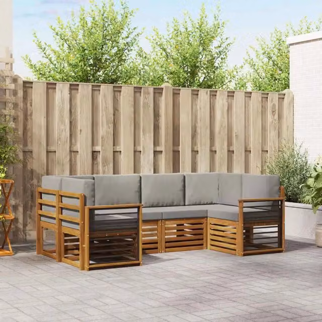 Set di divani da esterno a L vidaXL in legno di acacia con cuscini grigi – 1