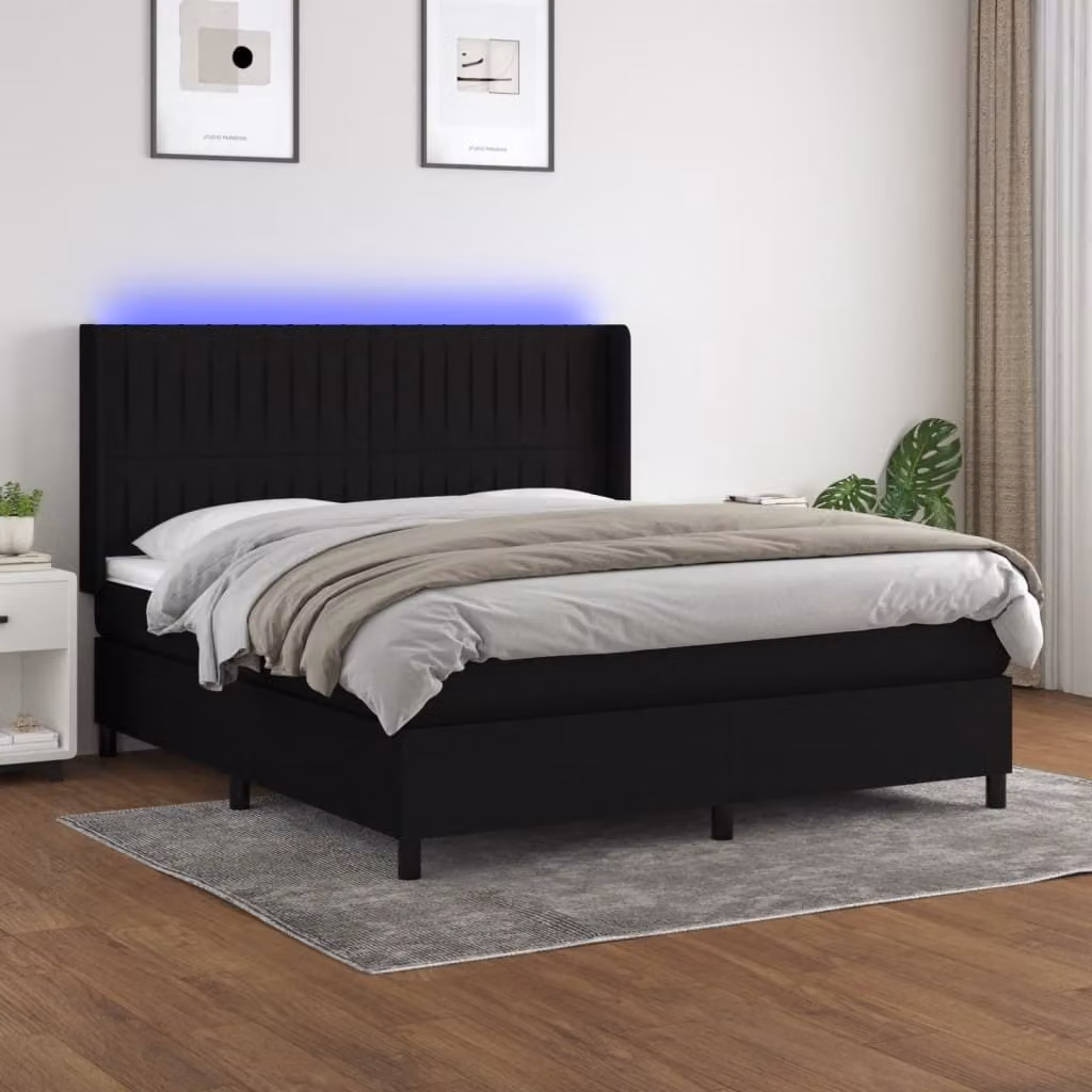The Living Store Letto a molle con materasso e LED nero 160x200 cm in tessuto