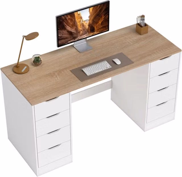 Scrivania per computer con cassetti ¨C zephmum ¨C Bianco, Metallo, Legno, 140 cm