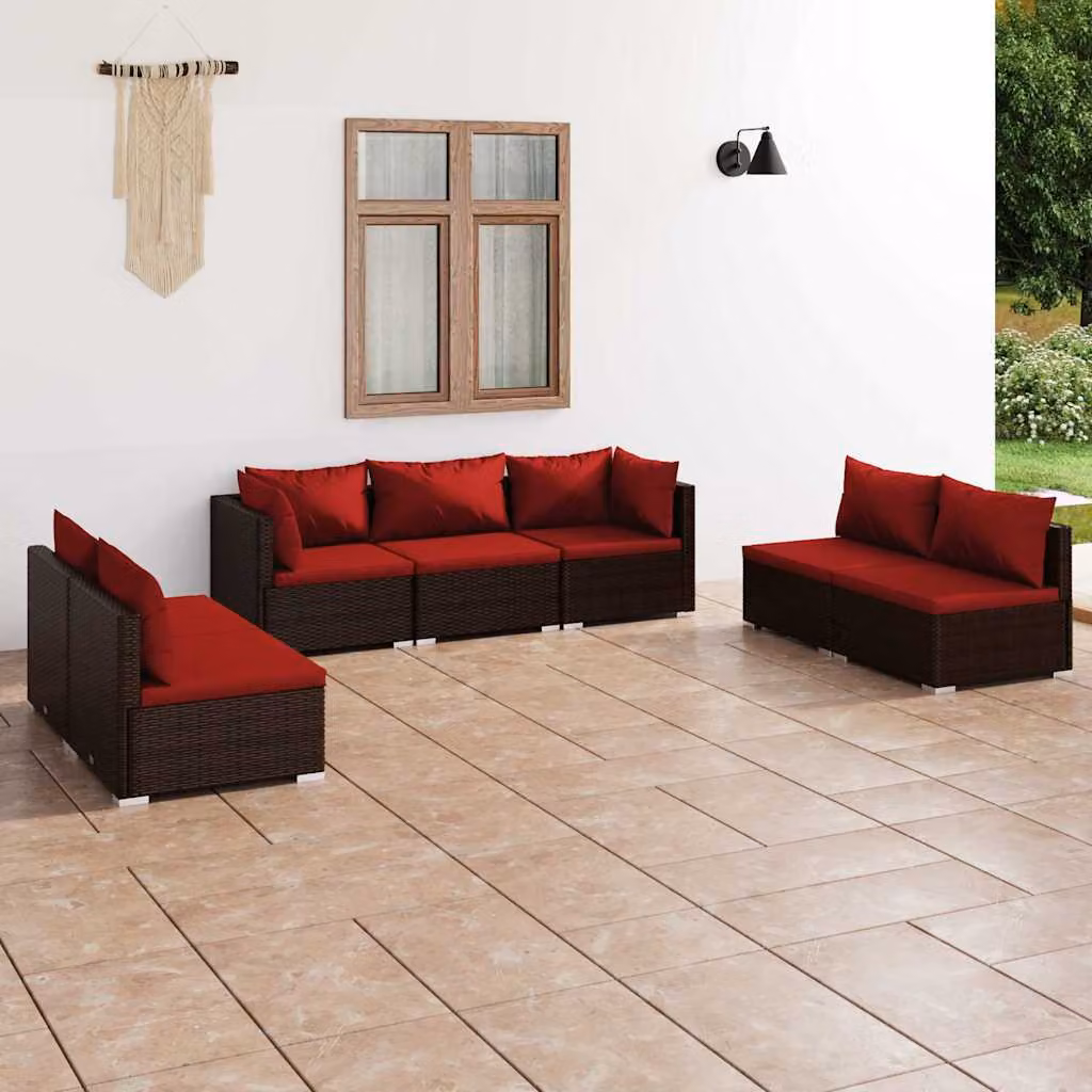 Set di divani da giardino vidaXL 7 pezzi in rattan marrone con cuscini imbottiti e struttura in metallo a forma di L per esterno