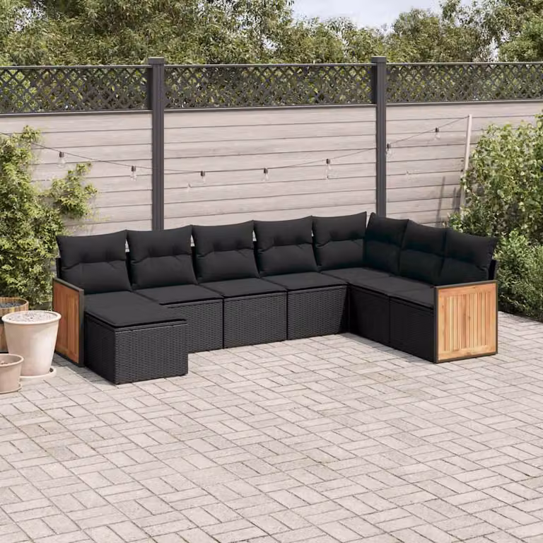 vidaXL Set Divani da Giardino a L in Polyrattan Nero con 8 Cuscini e Ottoman