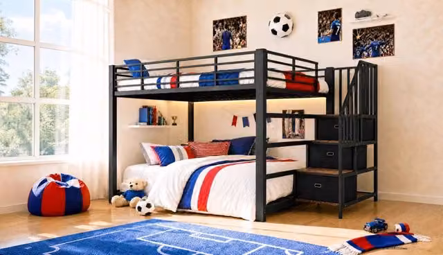 Letto a castello 140 x 200 cm in MDF e metallo con scala reversibile; LED e prese USB; nero