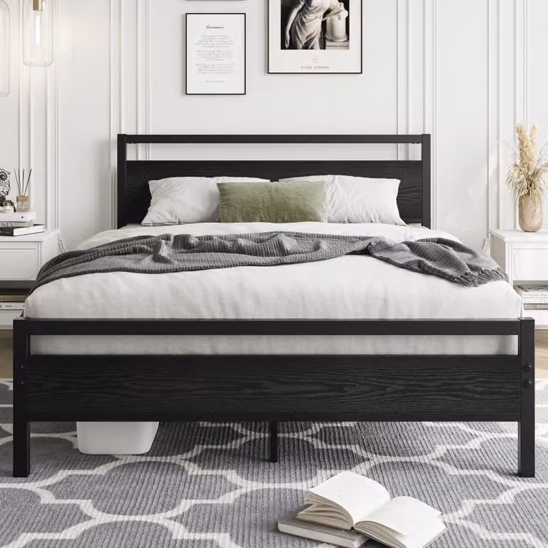 Struttura per letto matrimoniale 135x190 cm con testiera in legno, colore nero, realizzata in metallo, con spazio contenitivo