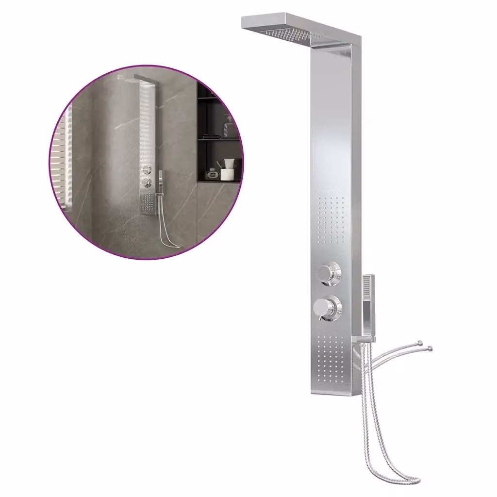 Pannello Doccia vidaXL in Acciaio Inossidabile con Funzione Rain e Massaggio, Colore Argento Spazzolato, H: 114 cm, L: 47 cm, P: 15 cm – 2