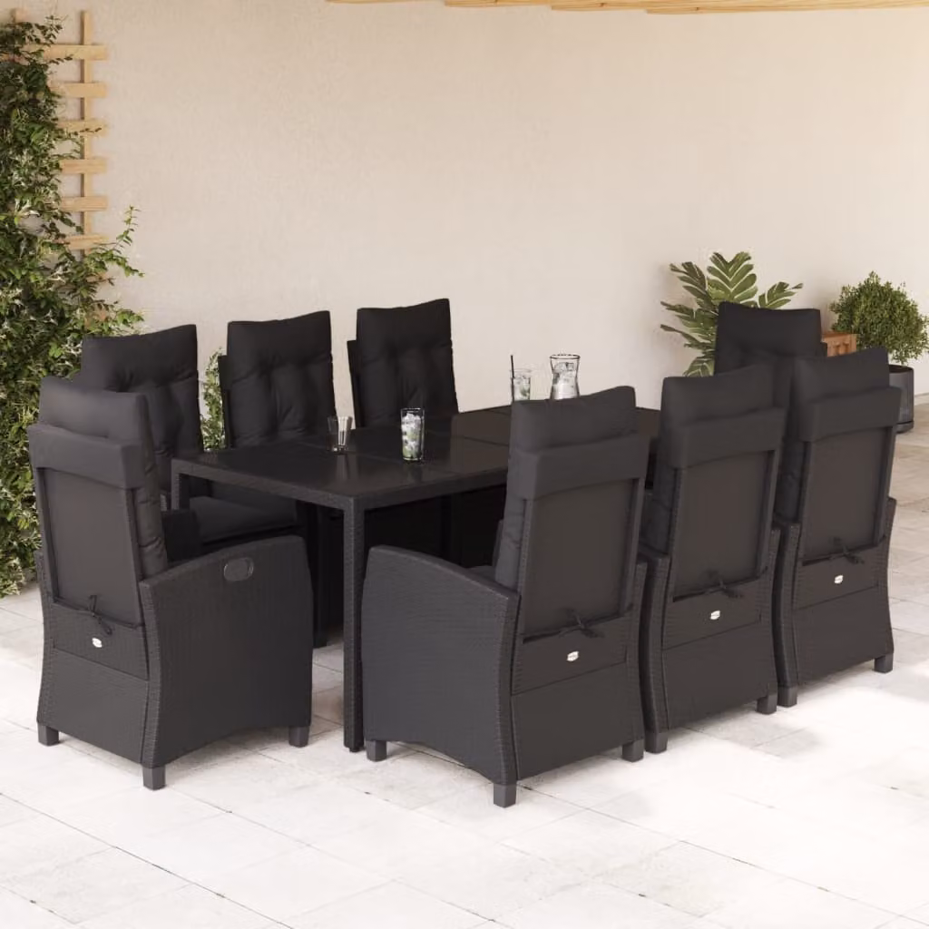 Set da Pranzo da Giardino vidaXL in Polyrattan Nero con Cuscini e Tavolo in Vetro, 9 Pezzi – 1