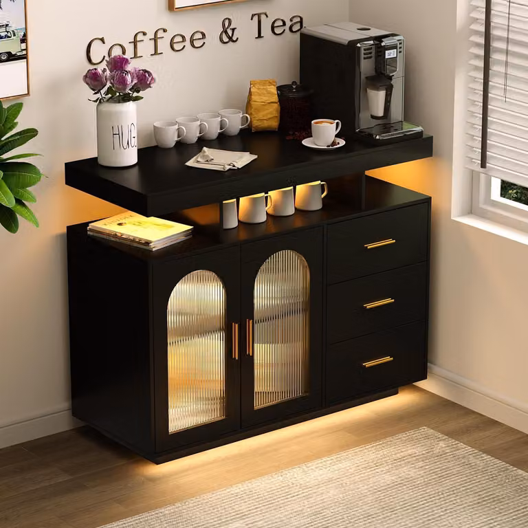 Mobiletto da cucina con funzione cassetto, 3 cassetti, illuminazione RGB, colore nero, dimensioni 100x40x80 cm