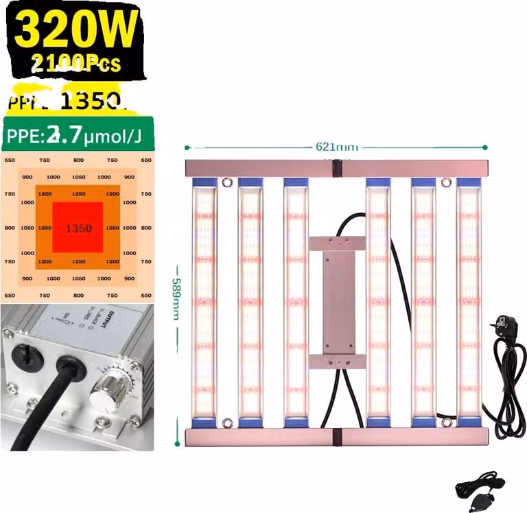Pannello luminoso a LED per piante, luminosità dimmerabile, elevata potenza PPFD, 320W