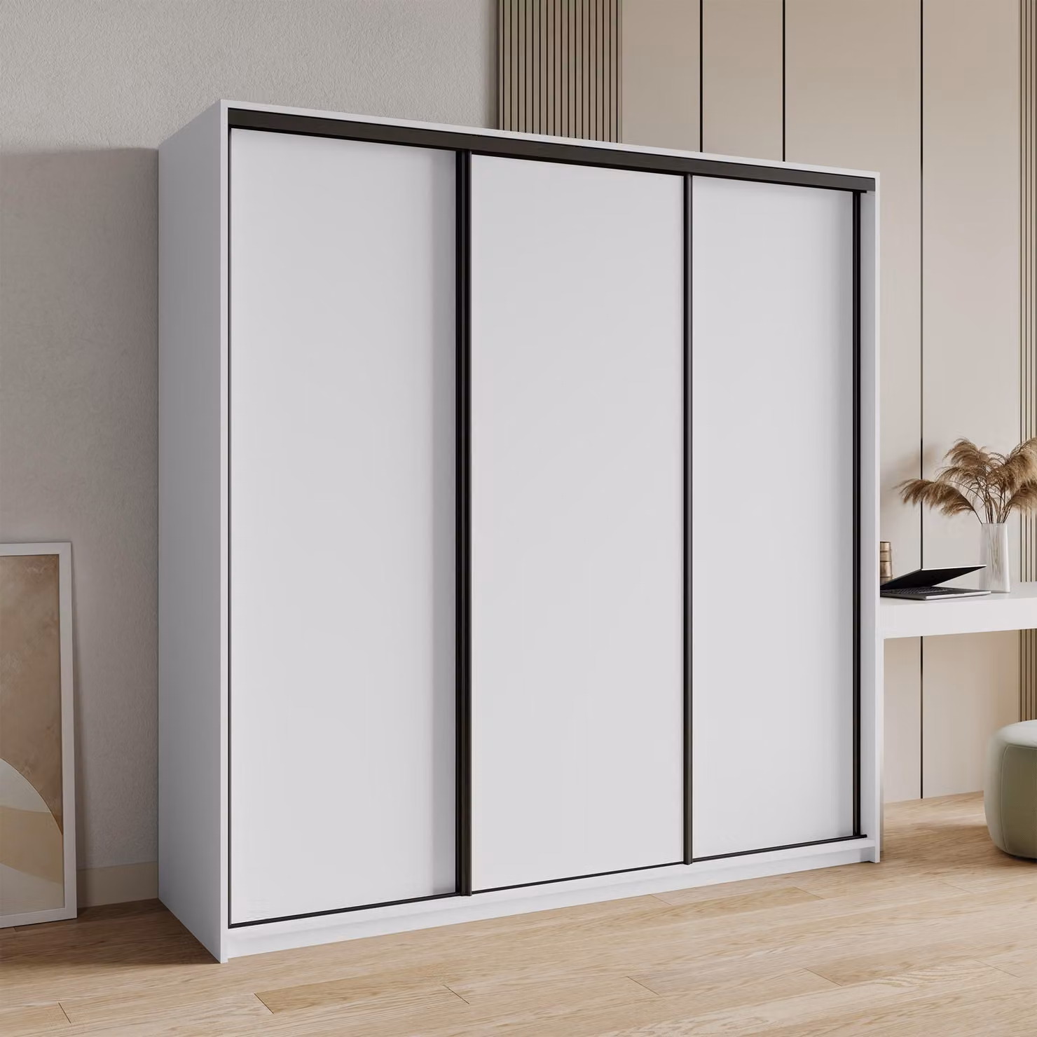 Armadio scorrevole Masseno NISSE 180/205/60 cm Armadio con 4 cassetti Armadio per camera da letto a 3 ante Bianco