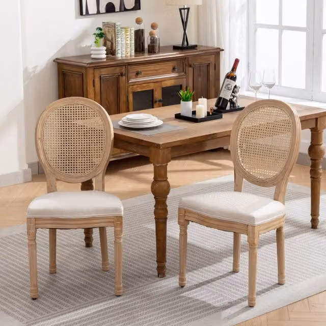 Sedia da pranzo in stile francese con struttura in legno massello, pittura antica, tessuto di lino e schienale in rattan, set da 2, crema, beige, DE18