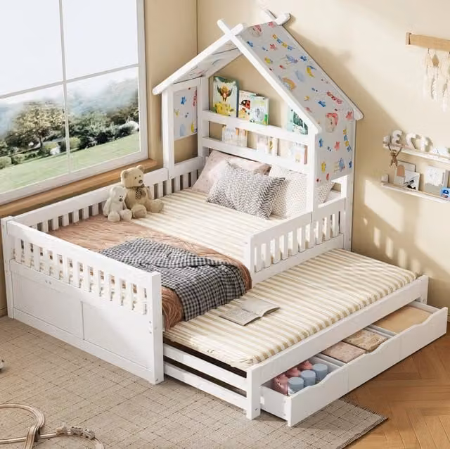 Letto a casetta 140x200 cm con letto estraibile; 3 cassetti e sponde di sicurezza; bianco