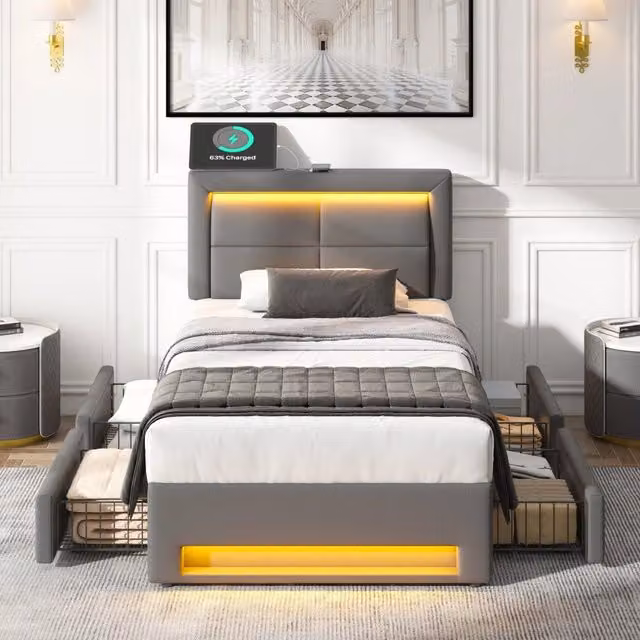 Letto Mivray con 4 cassetti, ricarica USB cablata e wireless, illuminazione LED a 12 colori, rivestimento in ecopelle grigia, L/P: 90 x 190 cm