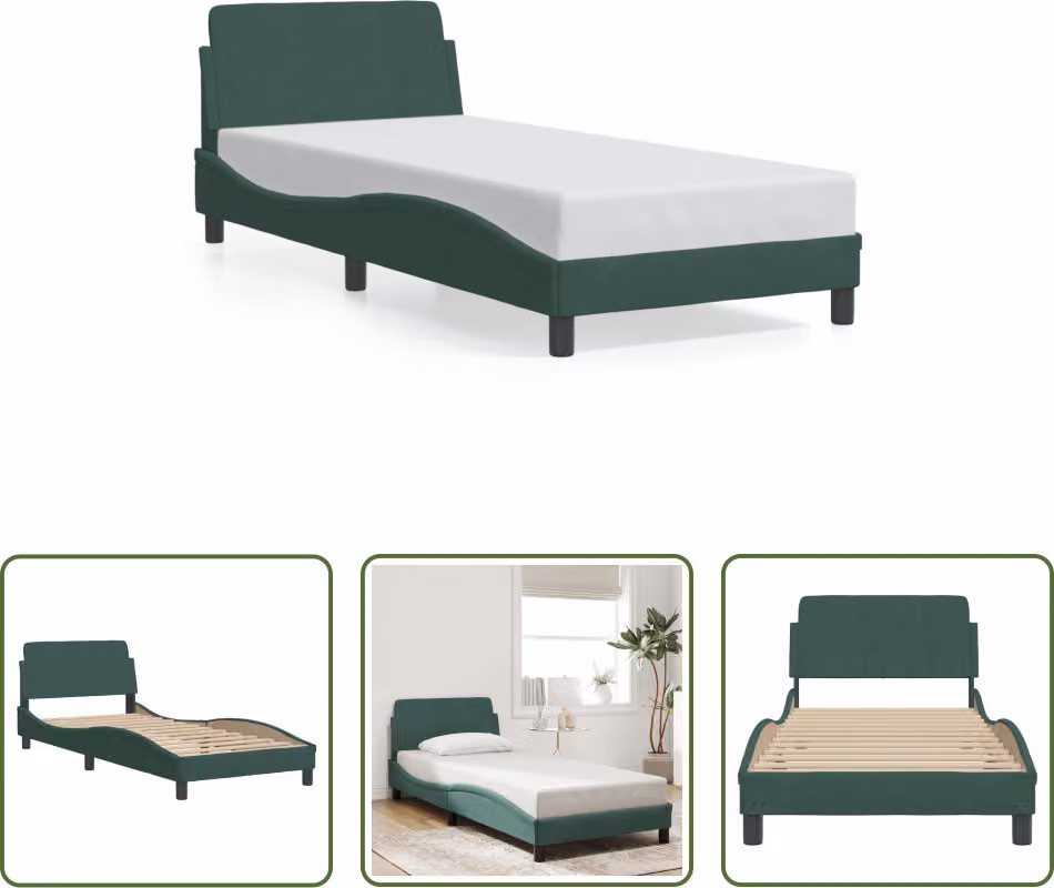 The Living Store Struttura letto con testiera in velluto verde scuro 90x190 cm