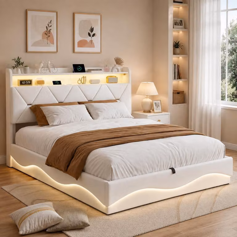 Letto imbottito INONEFT, 160x200 cm, con illuminazione LED e prese USB, contenitore a sollevamento idraulico, letto per ragazzi con contenitore integrato nella testiera, rivestito in velluto color beige